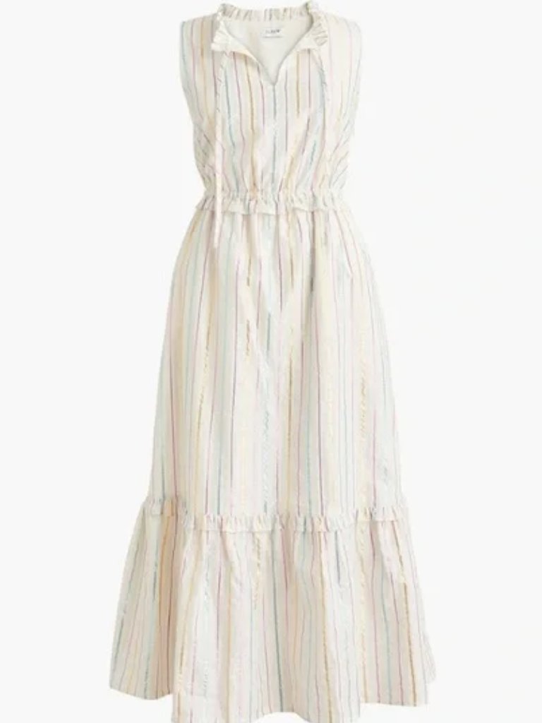 J. Crew Tie-Front Midi Boho Shimmer White W/ Metallic Threads Lined Sz 2